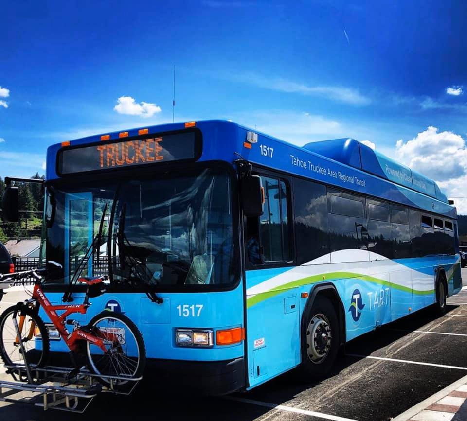 Truckee TART bus with a bicycle on the front. 