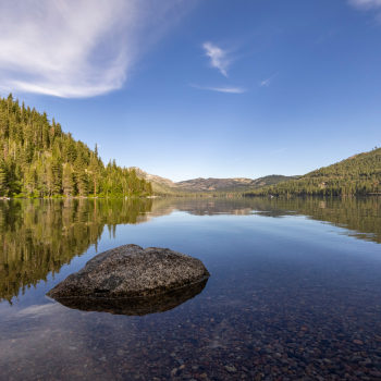 Donner Lake with calm water, a rock in the foreground and trees in the background. 