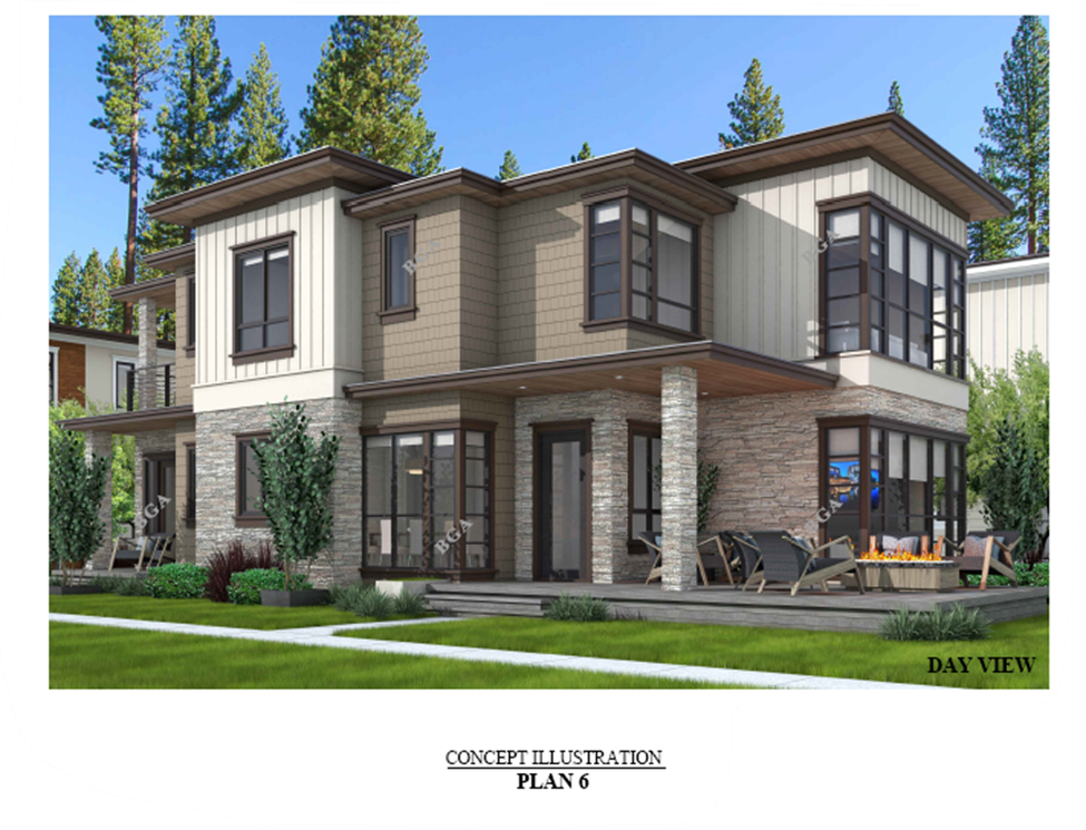 Rendering of a two-story building with large windows and fireplace lit on front deck and green grass with paths. . 