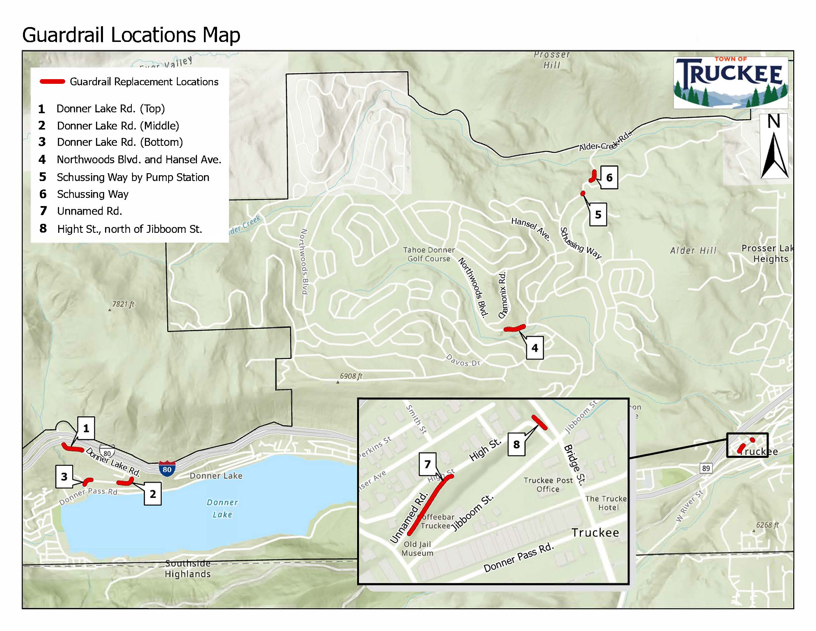 A map showing multiple locations of guardrails that are going to be replaced in Truckee.  